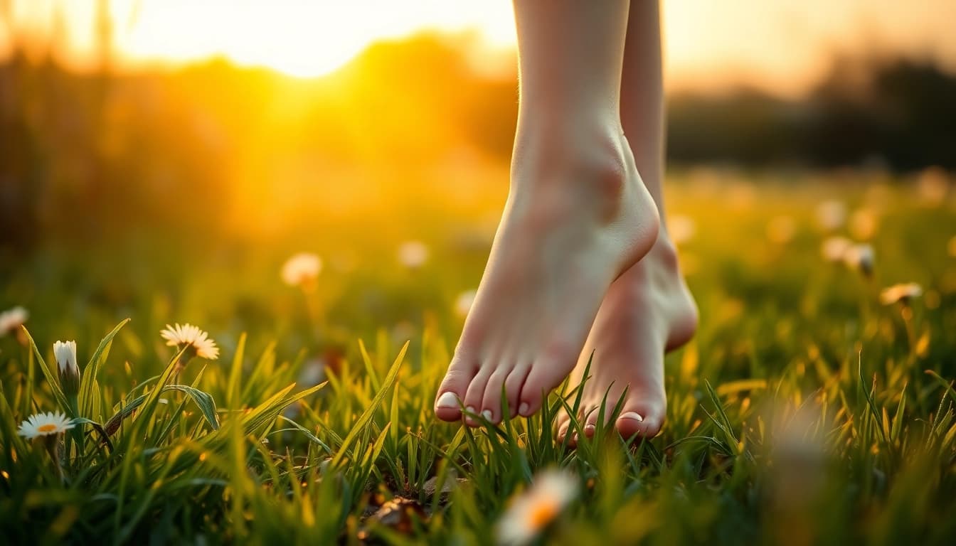 Fußbilder verkaufen mit elegantem Modell bei Sonnenuntergang in der Natur.