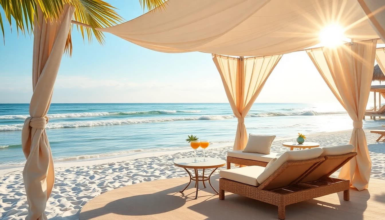Erlebe die Schönheit eines coastal cabana mit Strandblick und stilvollen Liegen.