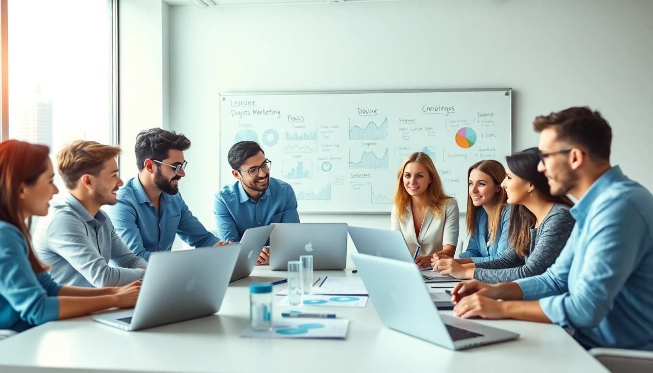 Online Marketing Strategien erarbeiten mit einem kreativen Team in modernem Büroumfeld.