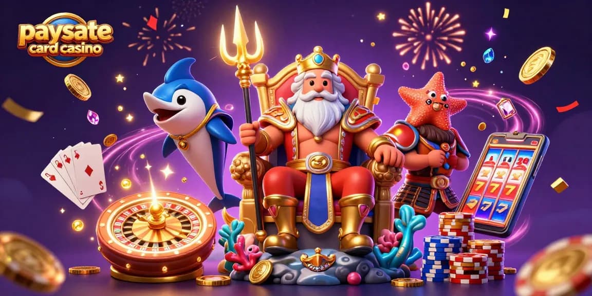Paysafe Card Casino lebendige Illustration mit Neptun, Münzen und Spielautomaten, die Gewinne feiert.