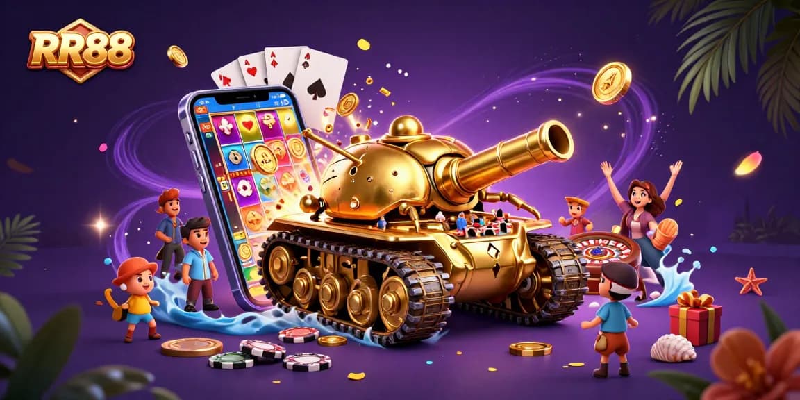 Experience exhilarating gaming at RR88 with a vibrant cartoon scene showcasing a golden beetle tank casino.