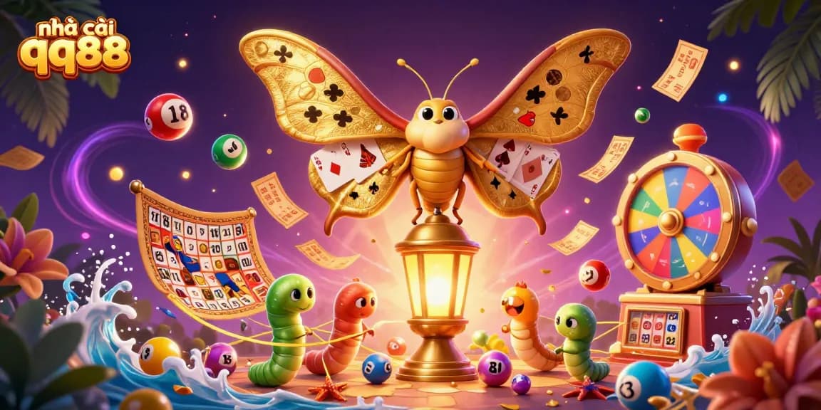 Engage with nhà cái qq88's vibrant casino world featuring a golden atlas moth and lively gaming elements.