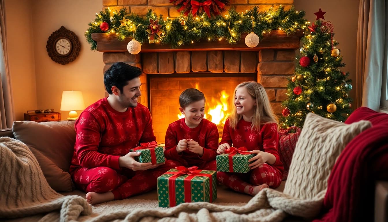 Enjoy a cozy christmas photoshoot with a family unwrapping gifts in their festive living room.