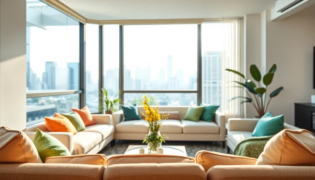 Wohnung kaufen in einem modernen, einladenden Wohnzimmer mit großem Fenster und städtischem Ausblick.