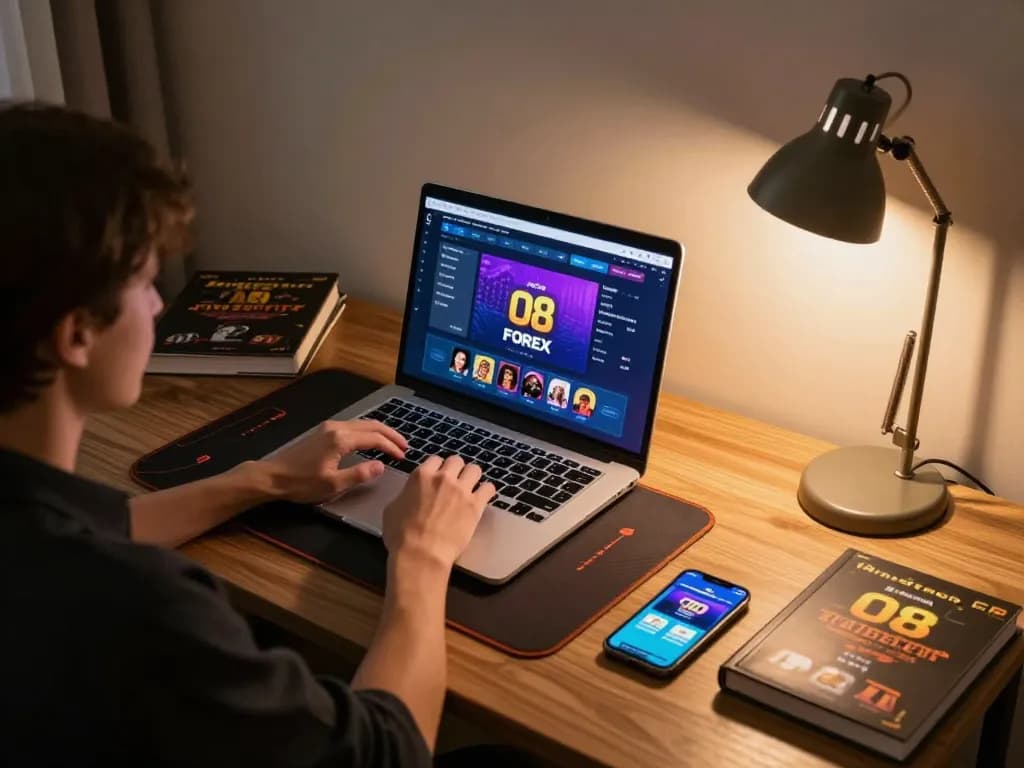 Engaged user playing O8 FOREX online casino game on a laptop in a cozy setting.