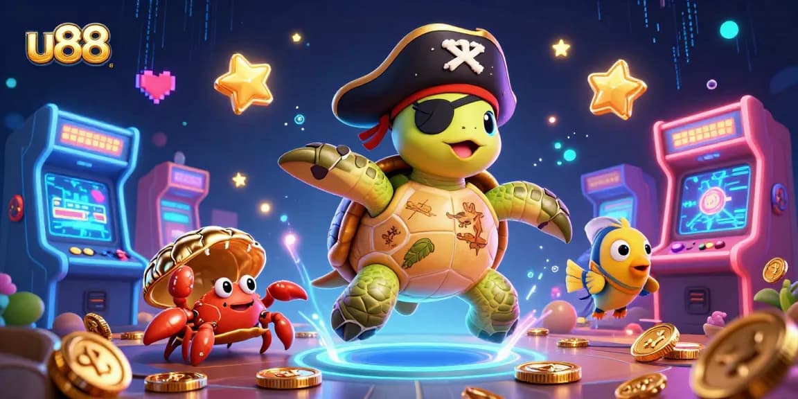 Experience thrilling gameplay at u88 with 3D pirate turtle & vibrant casino elements.