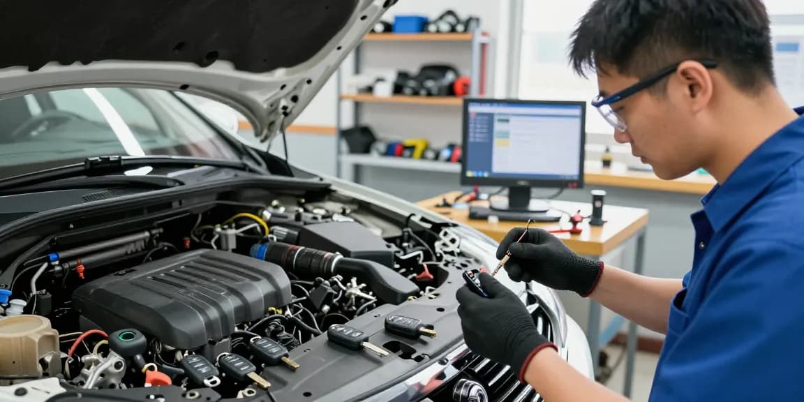 Techniker beim Autoschlüssel nachmachen in einer Werkstatt, umgeben von Fahrzeugteilen und Schlüsseln.