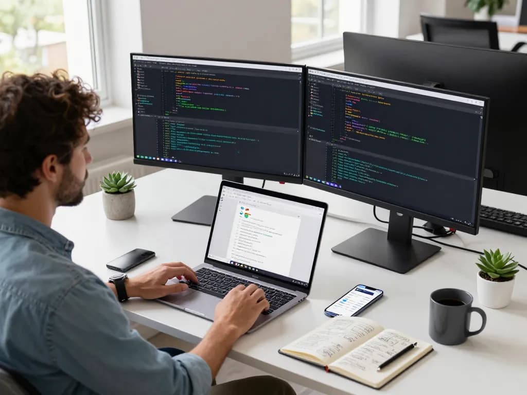 The workspace of a software developer using 谷歌浏览器 with multiple monitors and a modern atmosphere.