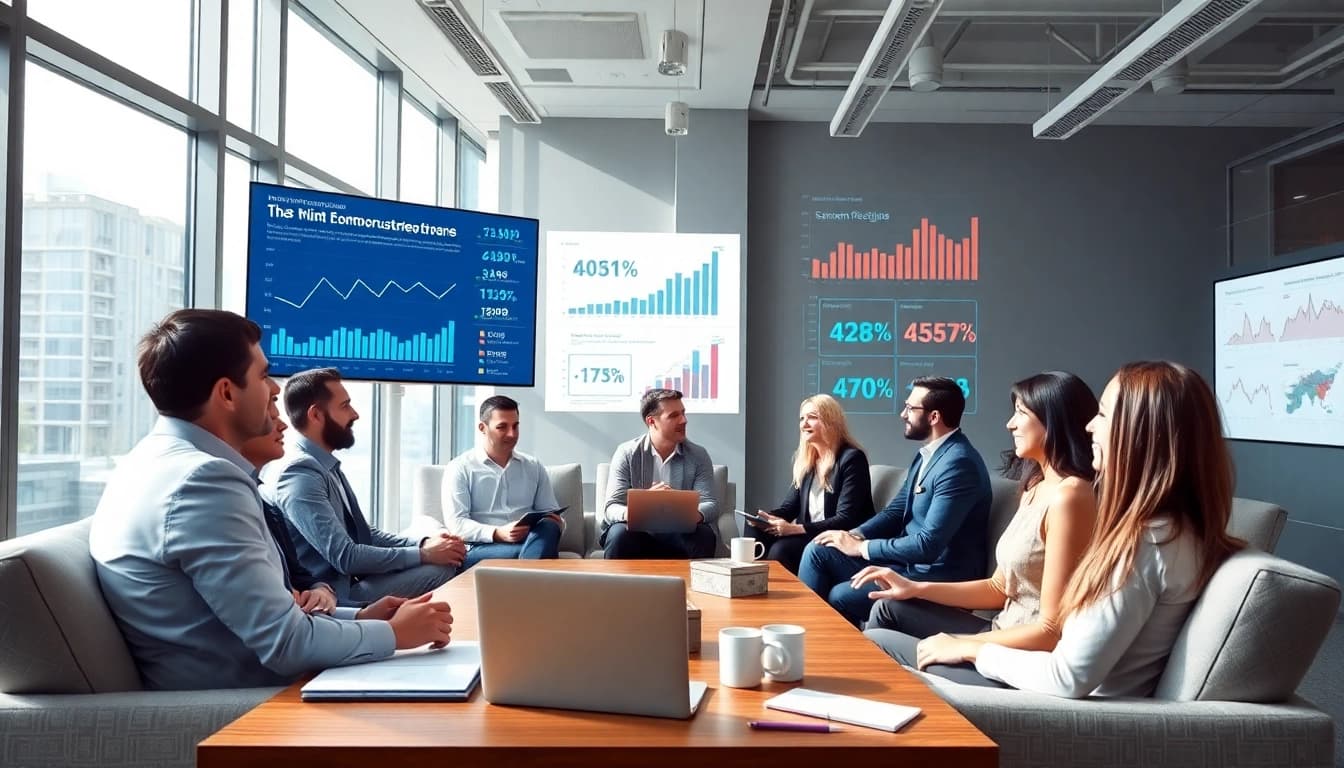Wirtschaft Regional meets diverse professionals in a modern office setting highlighting economic trends.