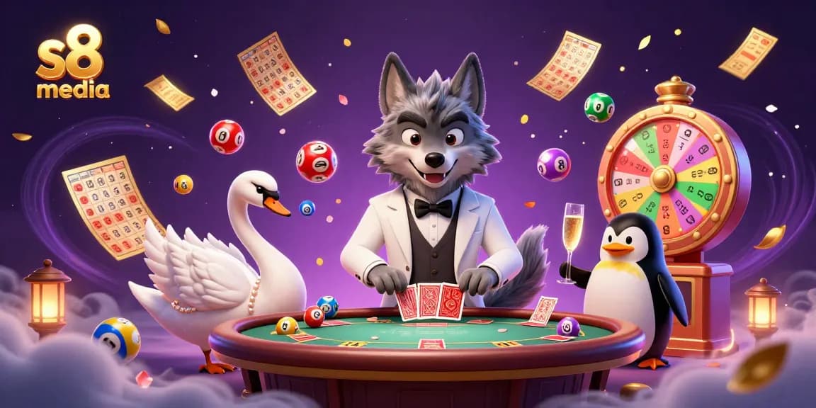 S8 media showcases an exciting casino scene with a wolf, swan, and penguin amidst vibrant gaming elements.