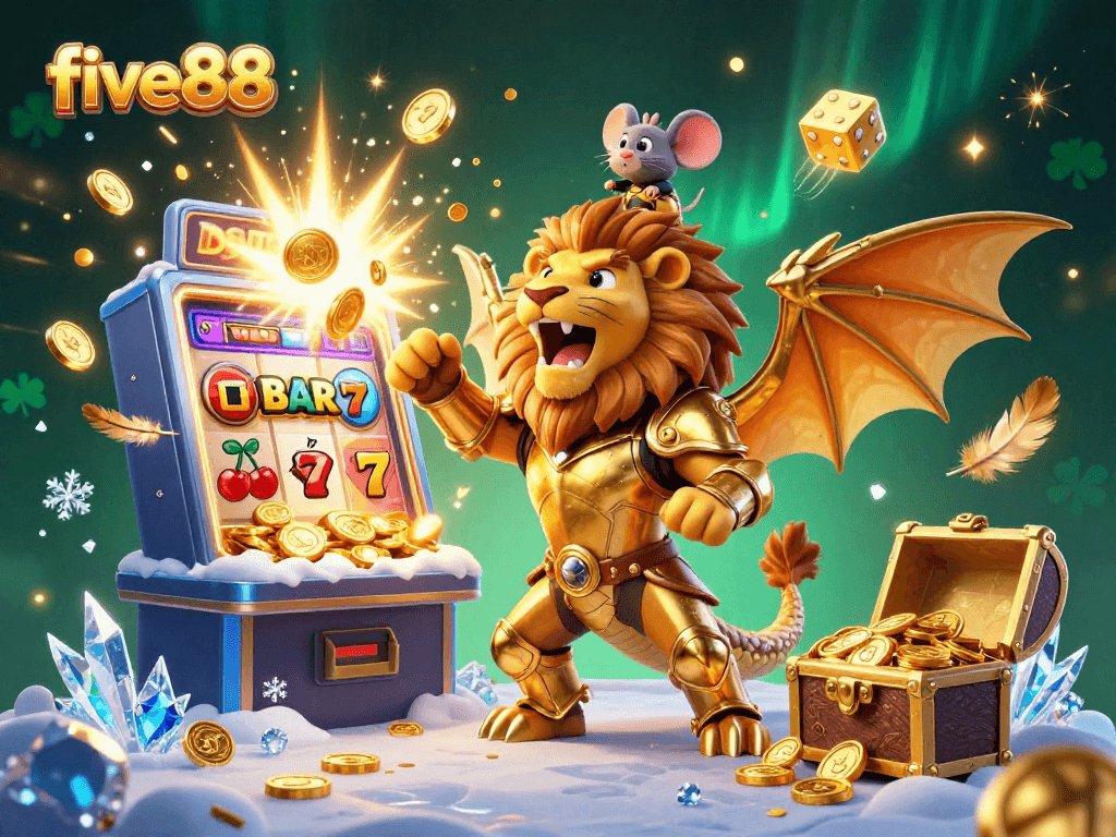 Experience the thrill of five88 with this dazzling illustration featuring a triumphant chimera and casino elements.