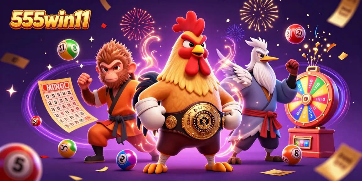 Join the excitement at 555win11 with vibrant lottery elements and dynamic casino characters.