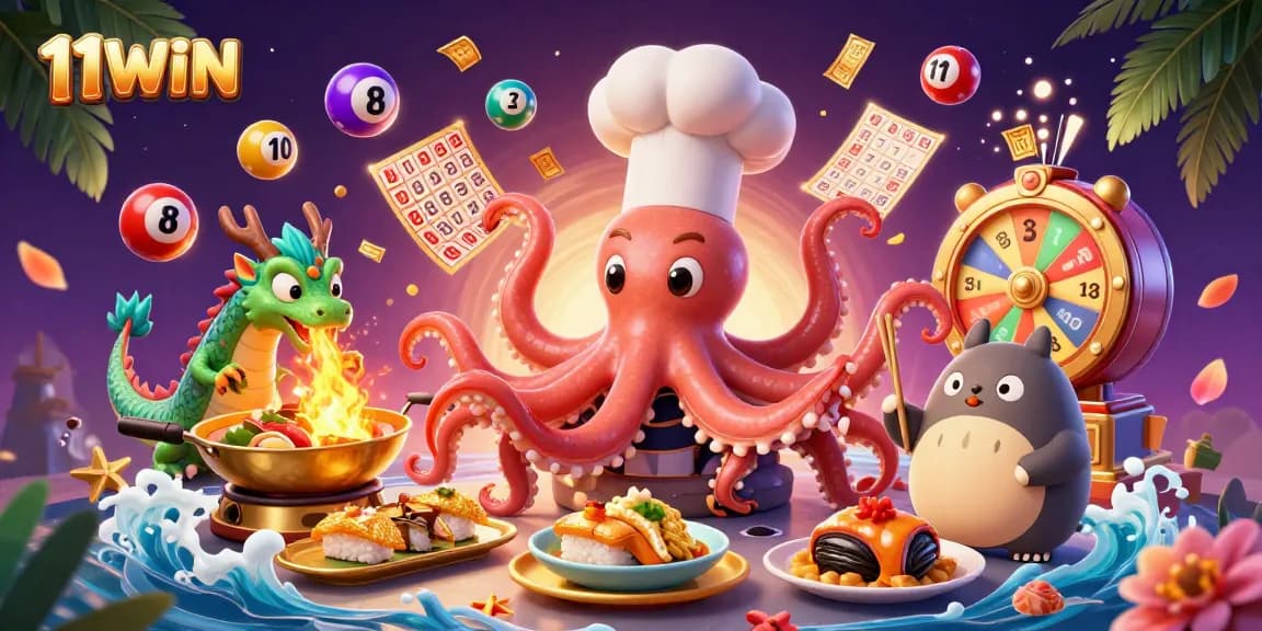 Experience the 11WIN excitement with vibrant lottery elements and dynamic characters in an immersive scene.