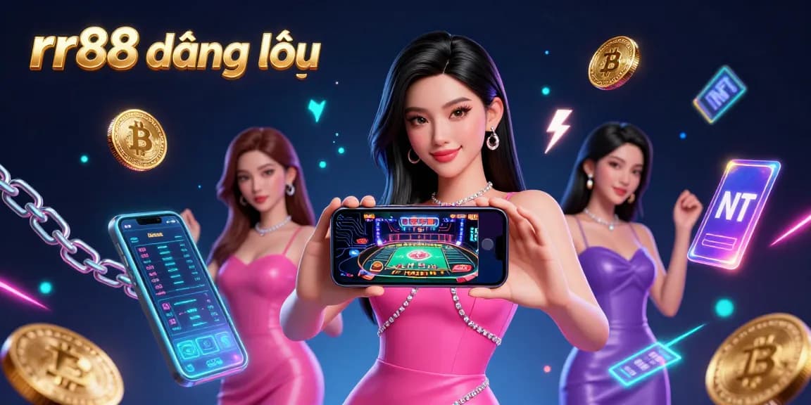 Join rr88 đăng nhập to enjoy thrilling live dealer games showcased by a confident woman holding a smartphone.