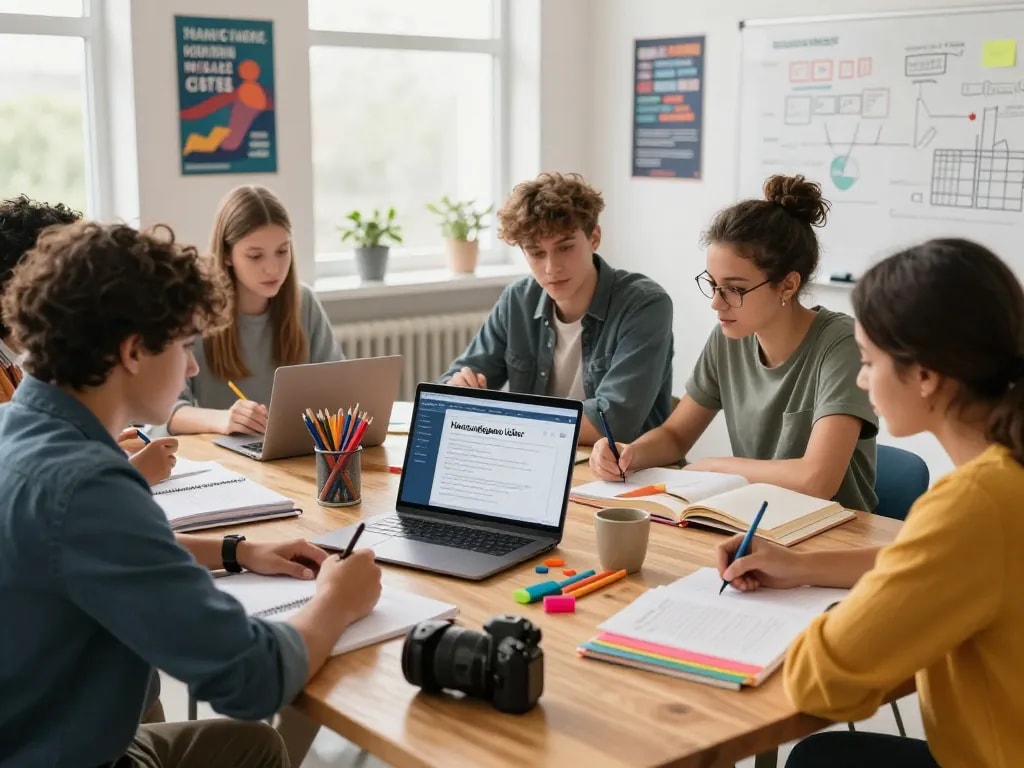 Studierende nutzen Hausaufgaben Löser Software für gemeinschaftliches Lernen in einem hellen Klassenzimmer.
