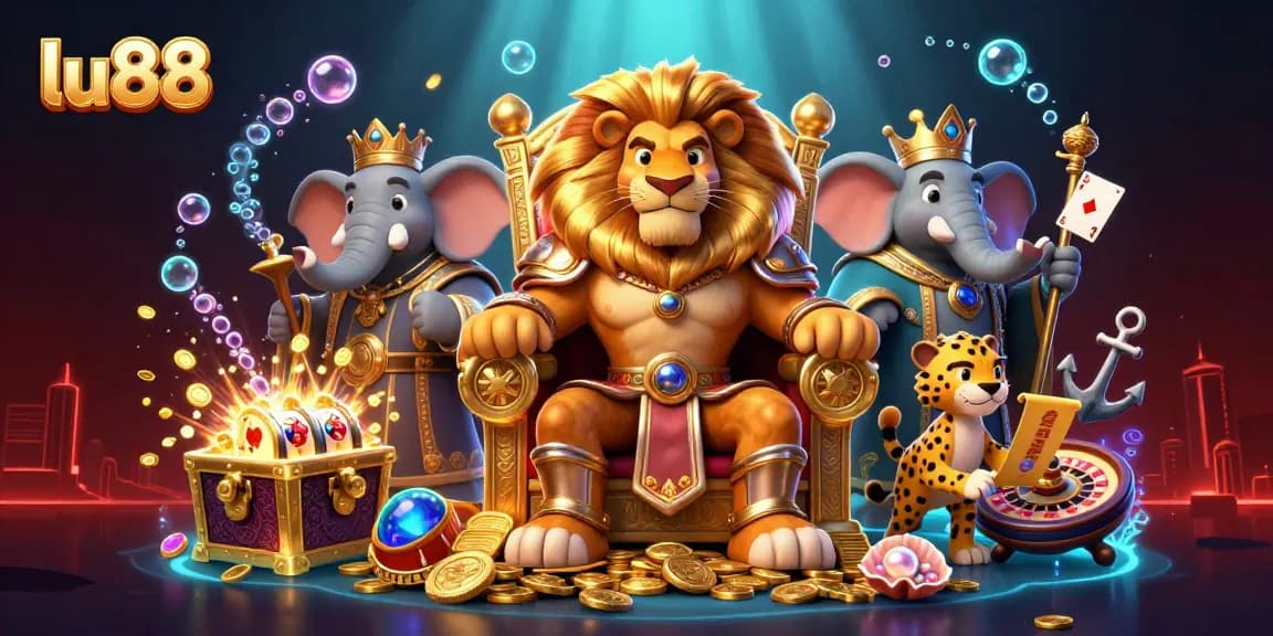 Engage with thrilling games at lu88, featuring a lion king amidst gold coins, slot reels, and vibrant casino elements.