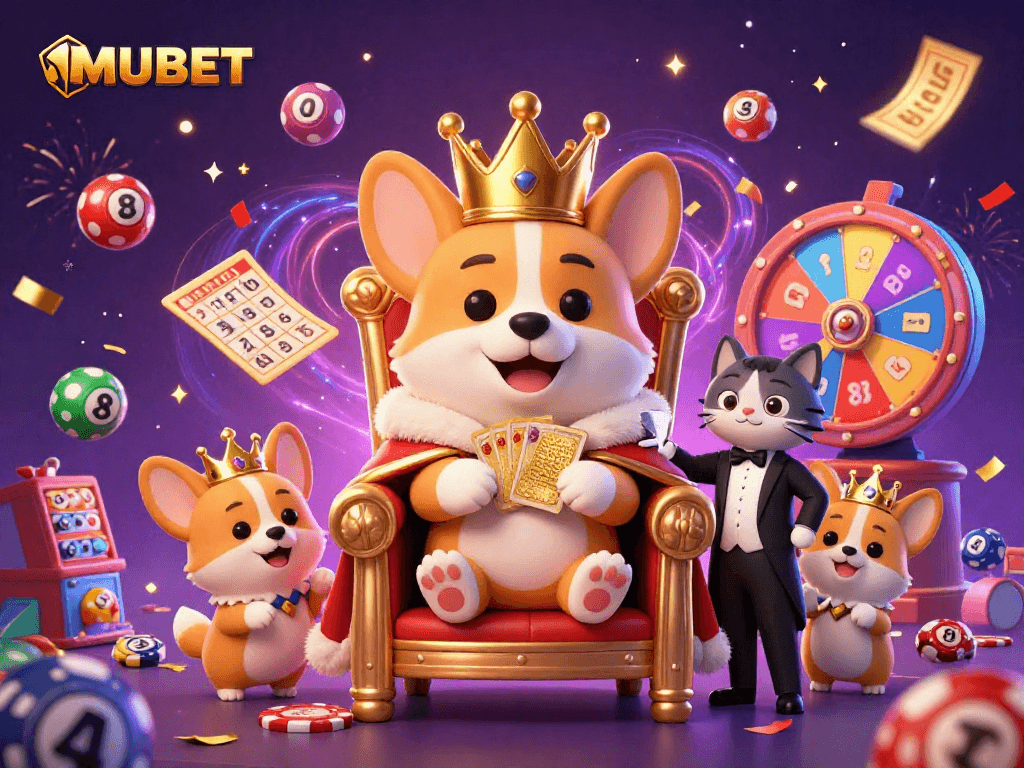 MUBET offers an enchanting gaming experience featuring a royal corgi throne and vibrant lottery elements.