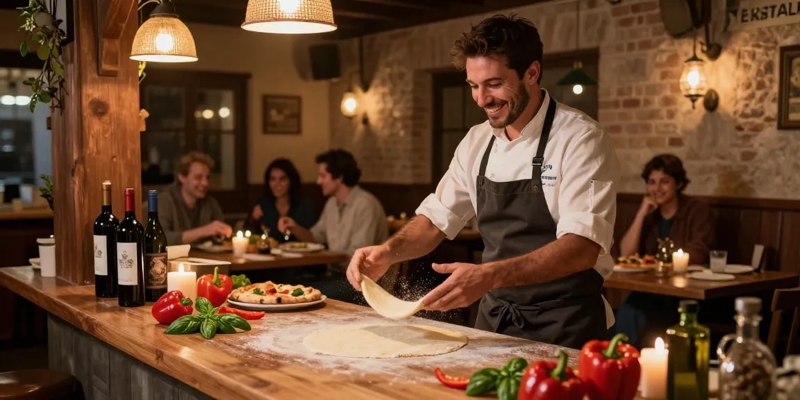 Delicious pg soft pizza dough being tossed by a skilled chef in a cozy Italian restaurant.