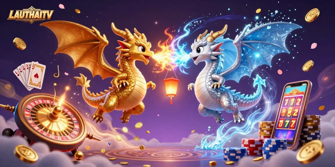 Engage in live betting excitement with LAUTHAITV's dynamic gaming illustration featuring dragons.