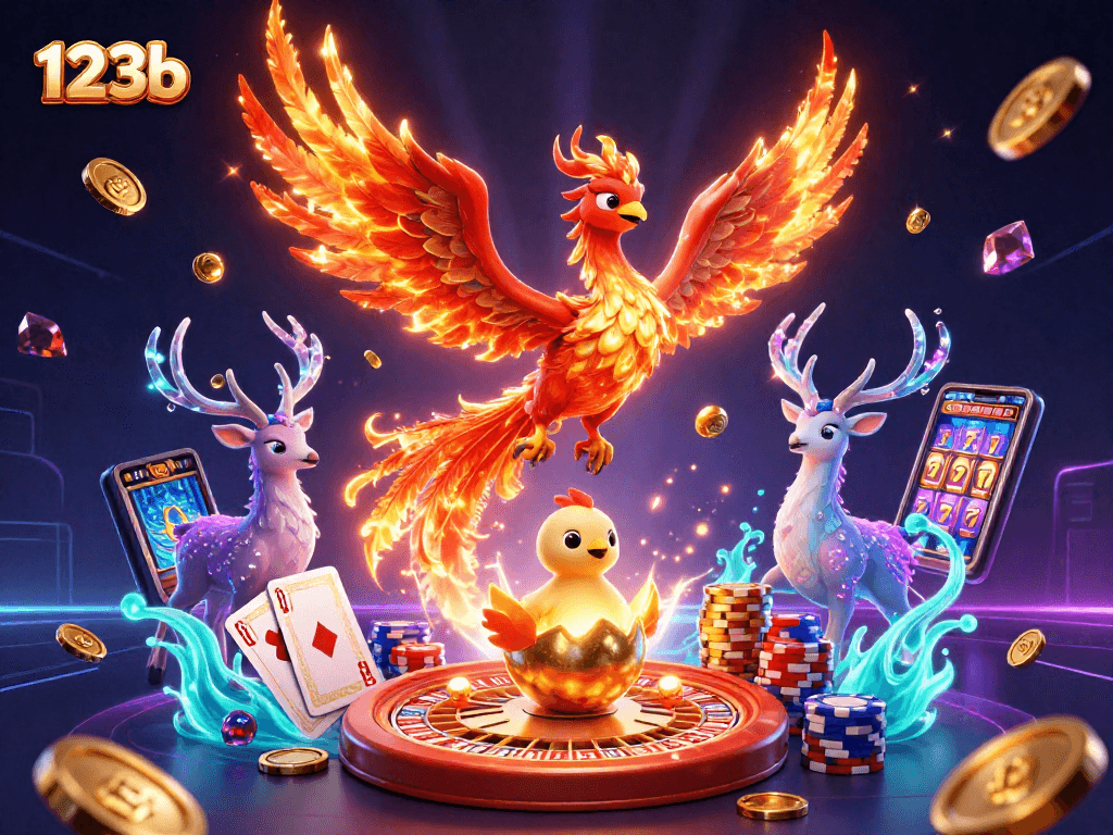 Experience thrilling wins with 123b, as golden coins cascade in an exhilarating casino scene.