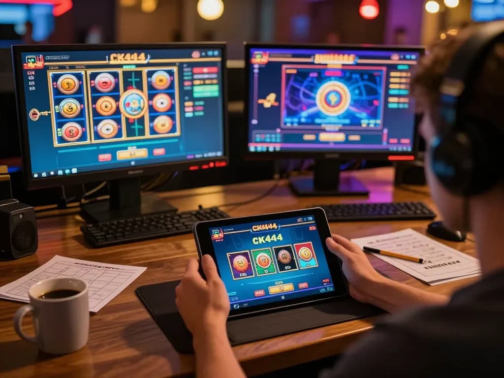 Engaged player exploring CK444 online casino gaming on tablet while enjoying coffee at home.