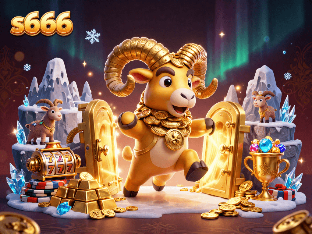 Join the excitement of s666 as a golden ram charges through a treasure-filled casino.