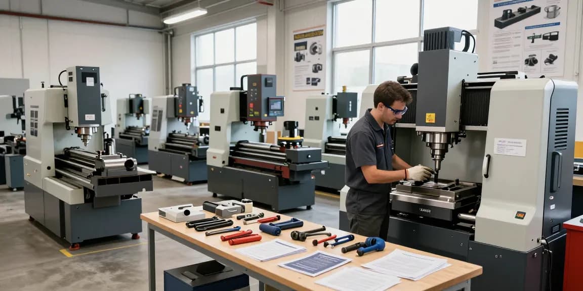 Technician inspecting used machinery, focusing on Gebrauchtmaschinen evaluation and maintenance in a bright workshop.