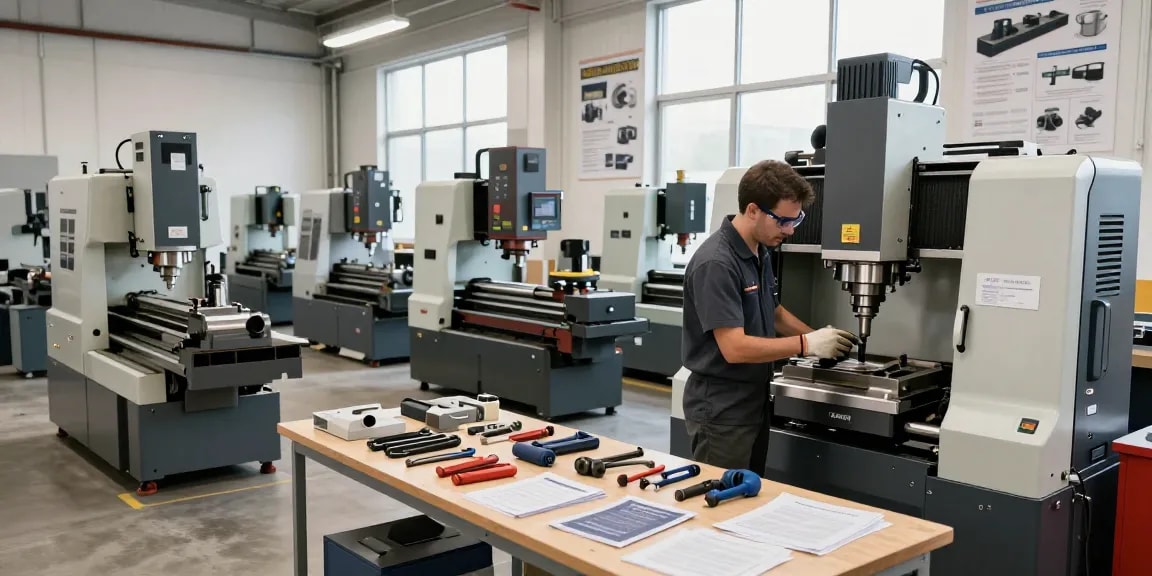Technician inspecting used machinery, focusing on Gebrauchtmaschinen evaluation and maintenance in a bright workshop.