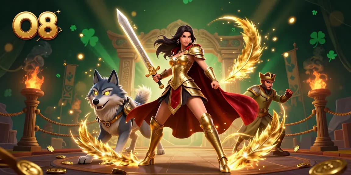 Experience thrilling wins with O8, showcasing an epic warrior queen in a dynamic casino scene.