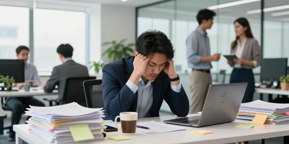 Stress mit Chef: Angespannter Mitarbeiter im modernen Büro, umgeben von Papieren und Laptop.