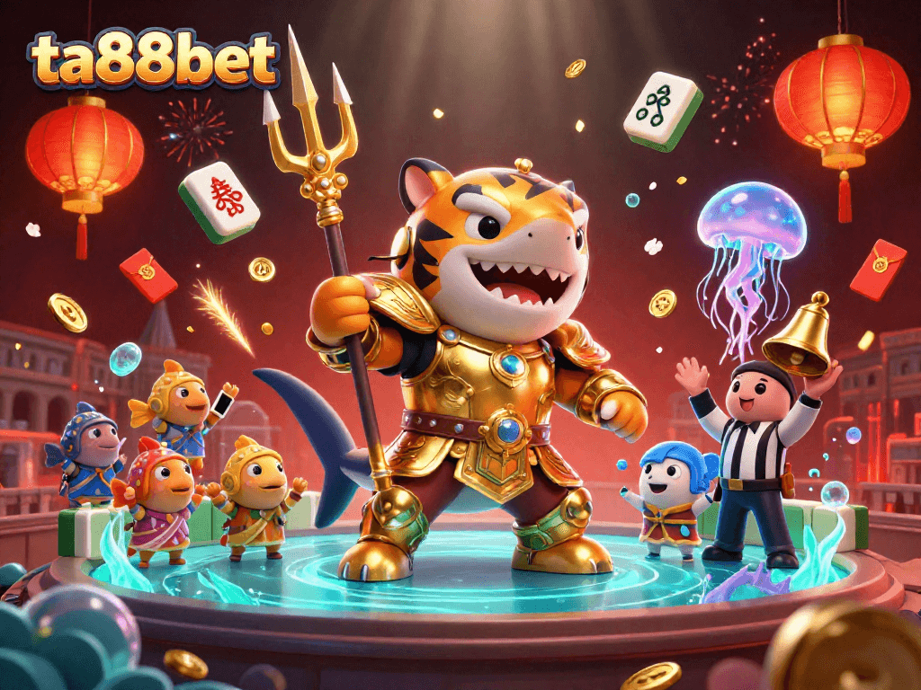 Engage with ta88bet through thrilling underwater casino battles featuring a 3D tiger shark and vibrant elements.