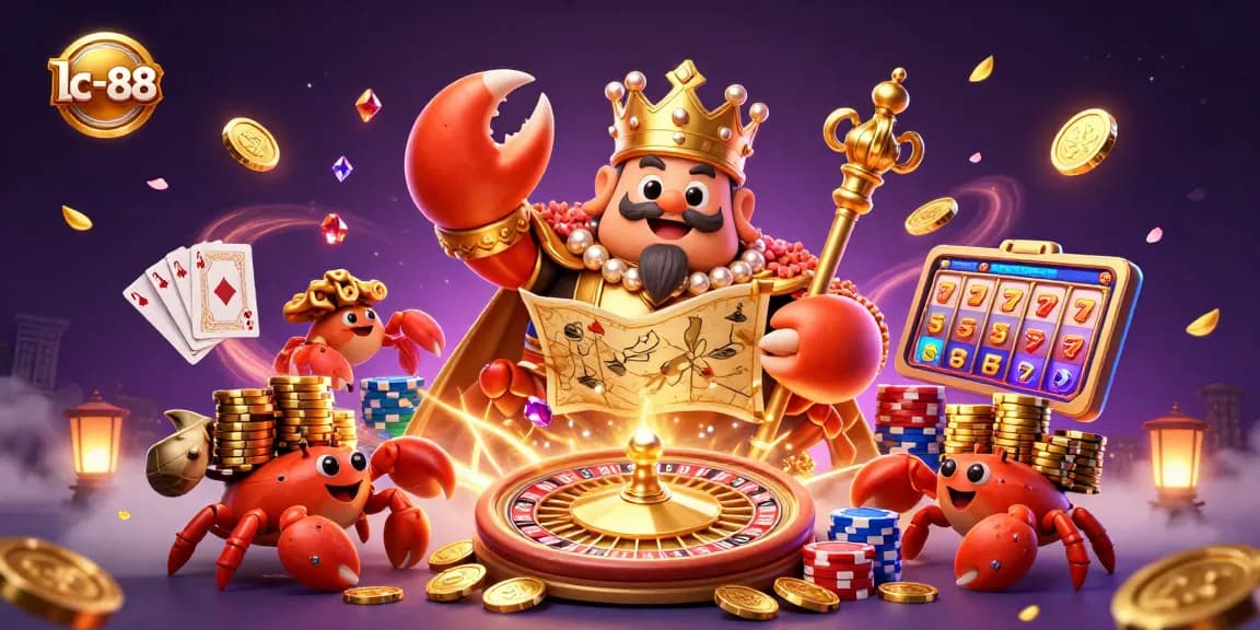 Engage with thrilling moments at lc-88, a vibrant casino scene featuring an emperor crab amidst gold coins and sparkling gems.
