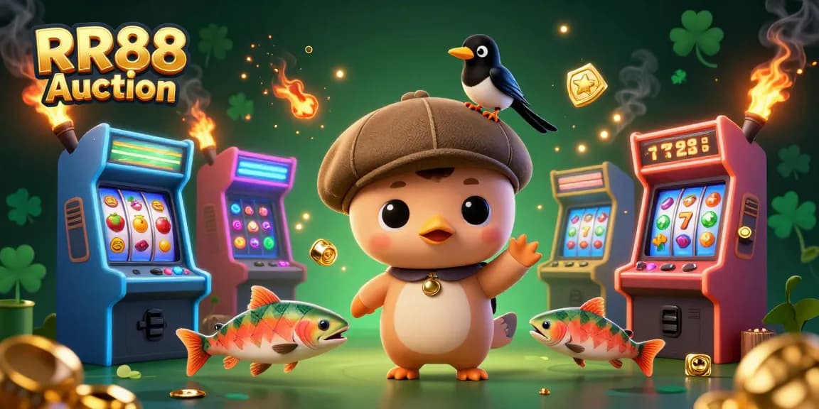 Experience thrilling gameplay at RR88 Auction with slot reels, sparkling gold, and adorable characters.