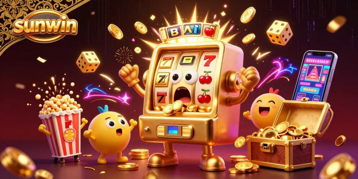 Experience the thrill of sunwin with a lively scene showcasing a golden slot machine hitting a jackpot amidst coins and cheering companions.