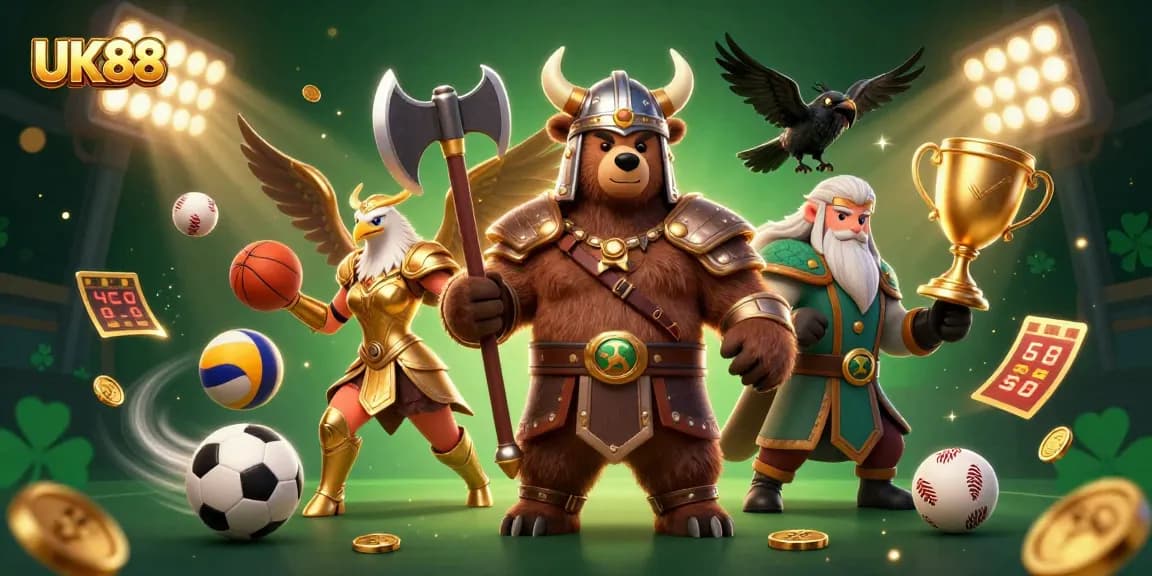 UK88 engages players with a vibrant 3D casino scene filled with sports, trophies, and coins.