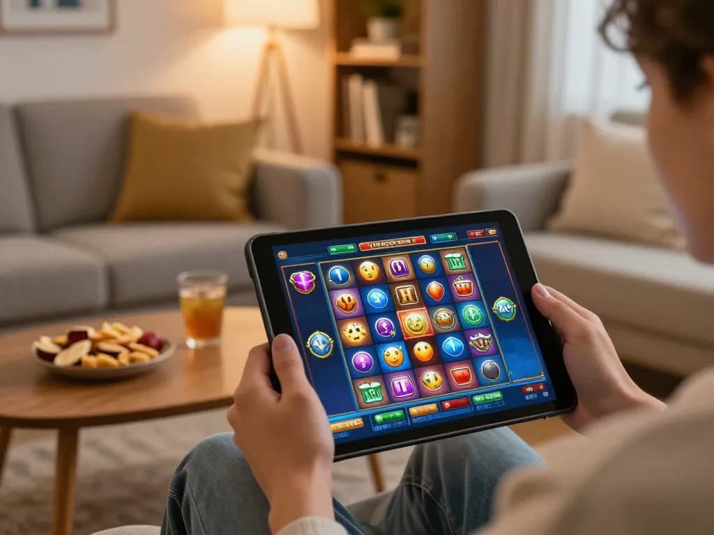 Engaging with a slot online game on a tablet in a cozy home setting, highlighting relaxed gaming atmosphere.