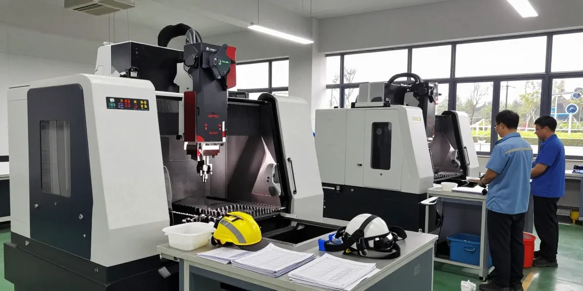 CNC-Technik in präziser Fertigung: Fachkräfte justieren Maschinen in modernem Werkstattumfeld.