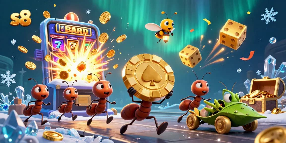 Experience the excitement at S8 with a rich illustration of ants orchestrating a casino heist amid jackpot symbols and vibrant colors.
