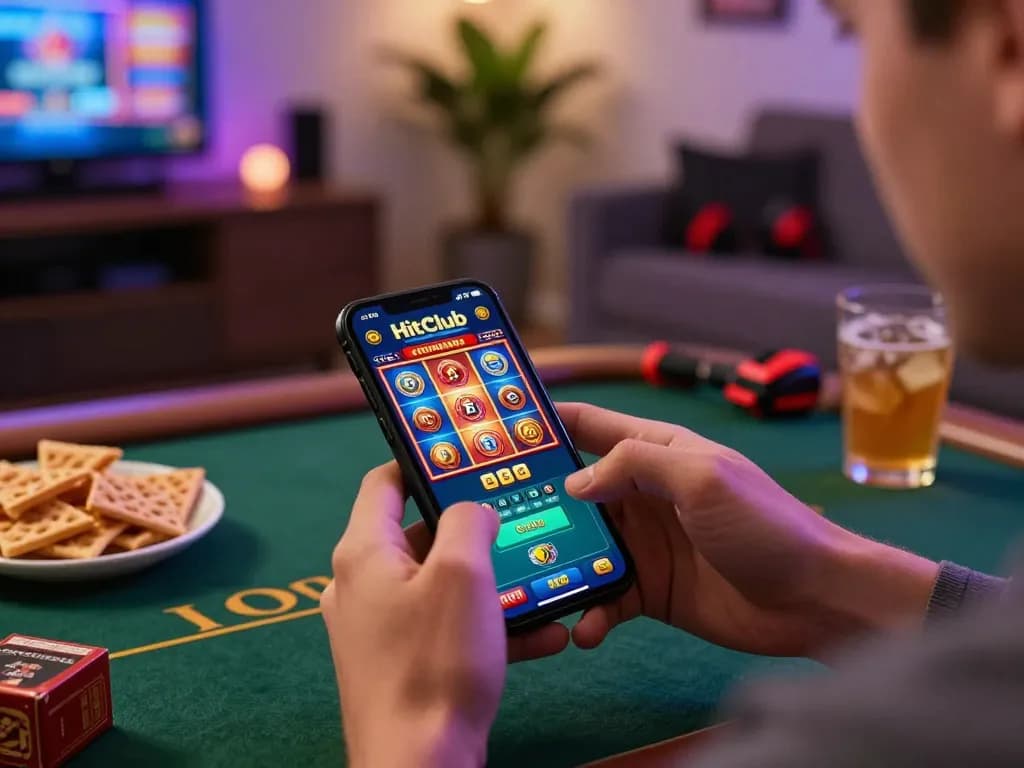 Person enjoying the Hitclub gaming app on a smartphone while playing colorful slot games in a cozy setting.