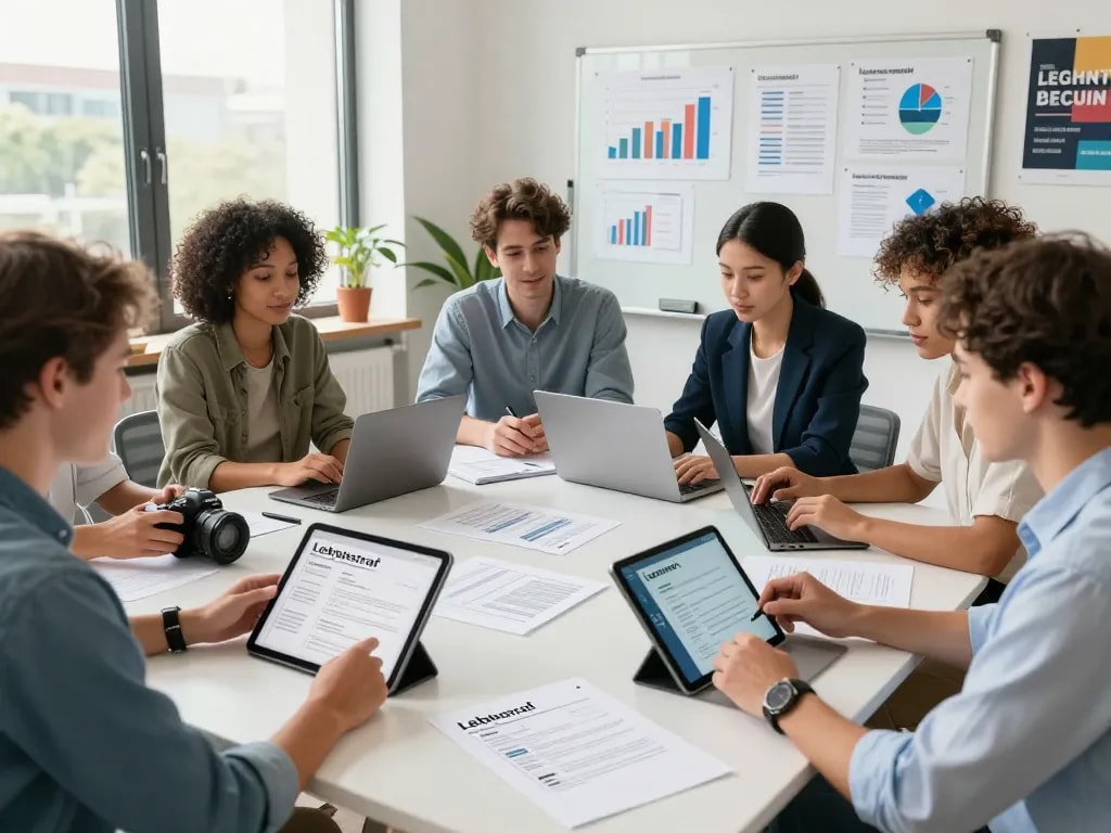 Jobsuchende, die in einem hellen modernen Arbeitsbereich an Lebenslauf-Vorlagen zusammenarbeiten, präsentieren strategische CV-Designs.