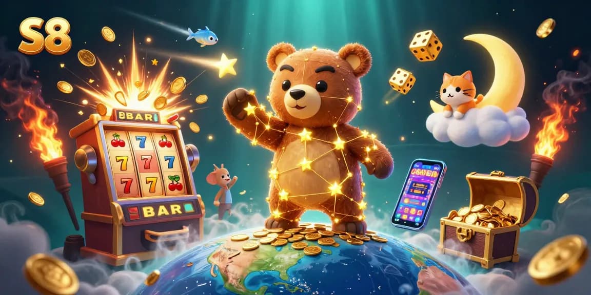 S8 captures coins as a constellation bear dances around a slot machine with vibrant casino elements.