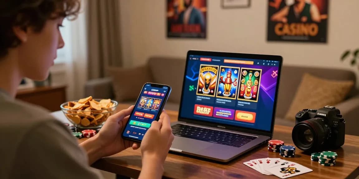 Beef Casino Nutzer beim Spielen auf Smartphone und Laptop in gemütlicher Atmosphäre.