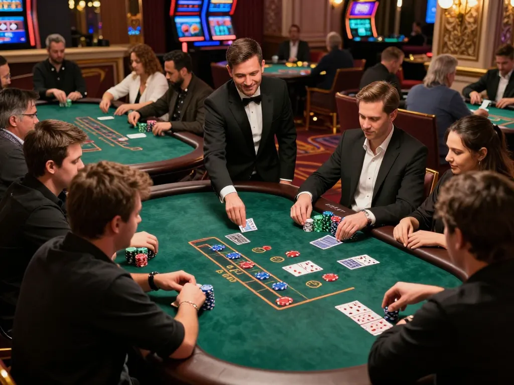 Players engaging intensely in a blackjack game at da88 casino, chips stacked high and cards being dealt