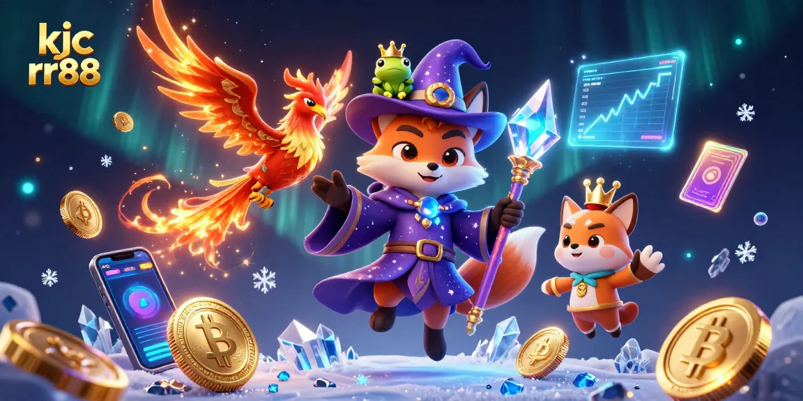 KJC RR88 showcases a thrilling 3D gaming world filled with magical characters and glowing cryptocurrencies, engaging players in action.