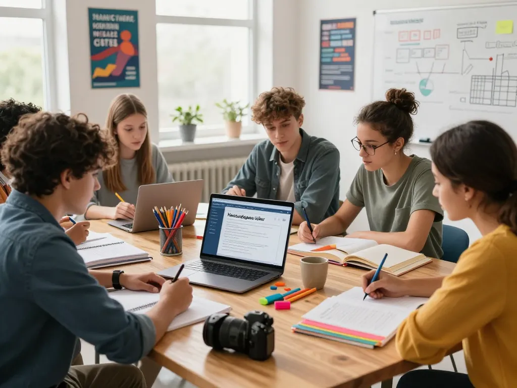 Studierende nutzen Hausaufgaben Löser Software für gemeinschaftliches Lernen in einem hellen Klassenzimmer.