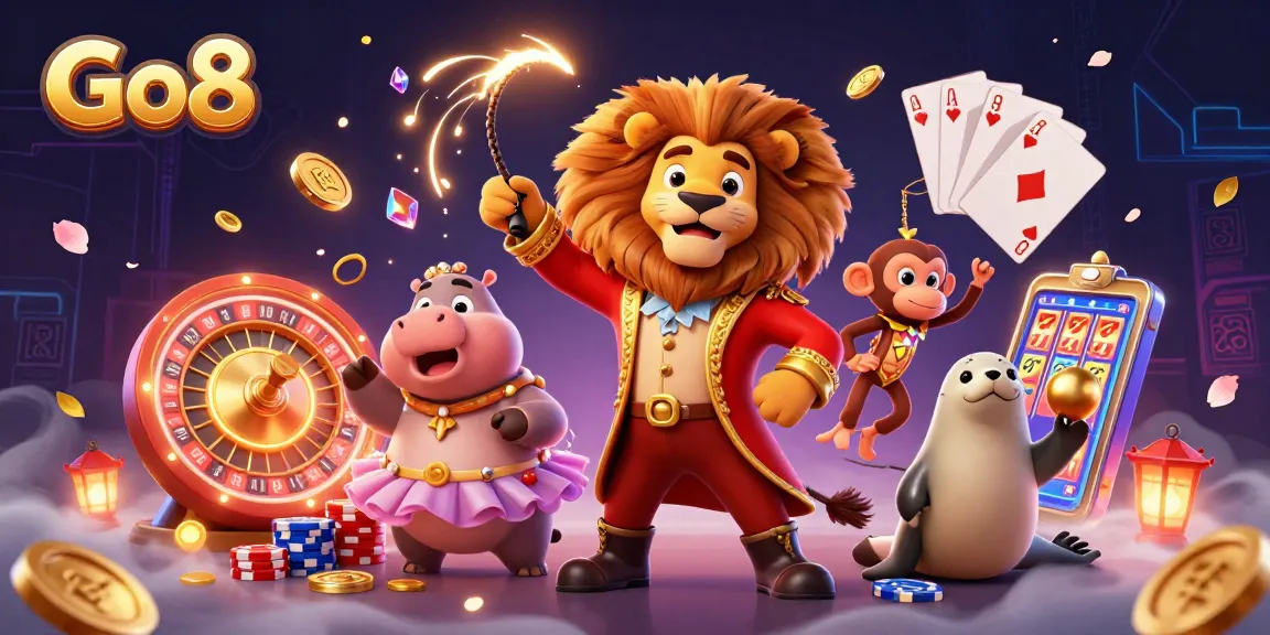 Experience Go8 casino excitement with vibrant characters amidst cascading winnings and playful atmosphere.