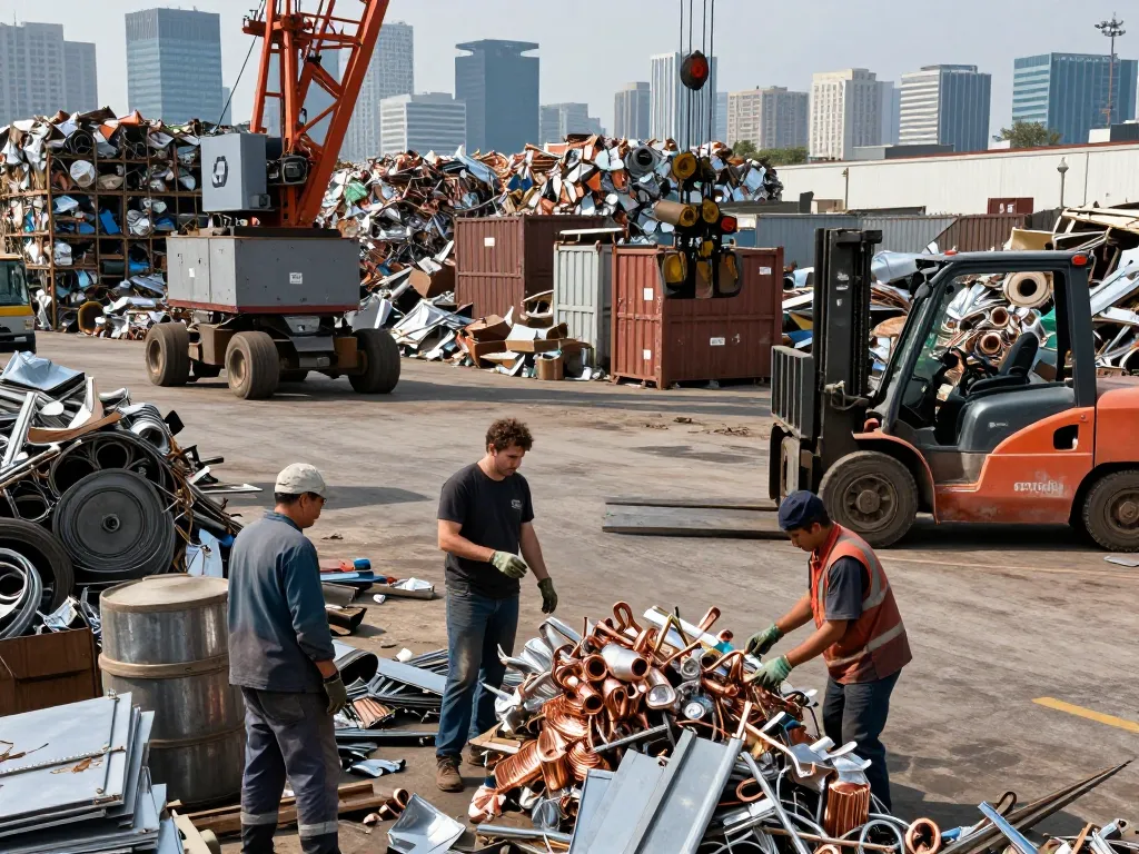 Schrotthändler, der einen geschäftigen Schrottplatz mit Arbeitern verwaltet, die Metallschrott sortieren, und schwerer Maschinen, die die Bedeutung des Recyclings veranschaulichen.