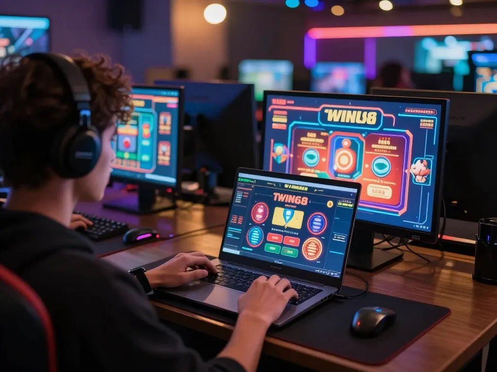TWIN68 online gaming experience with vibrant screens showcasing casino games in a cozy setup.