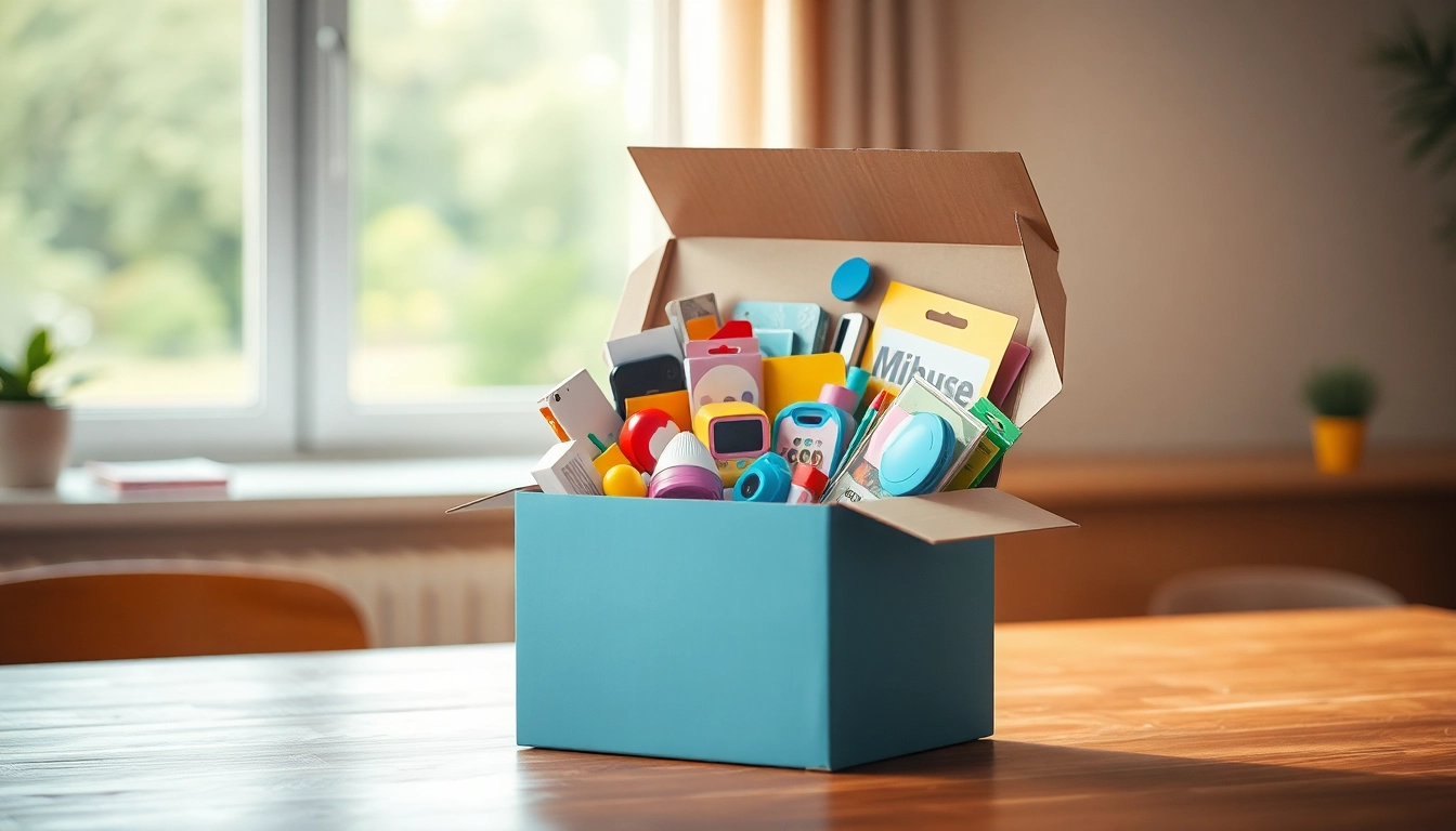 Mystery box amazon mit bunten Überraschungen auf einem Holztablett, das Neugier weckt.