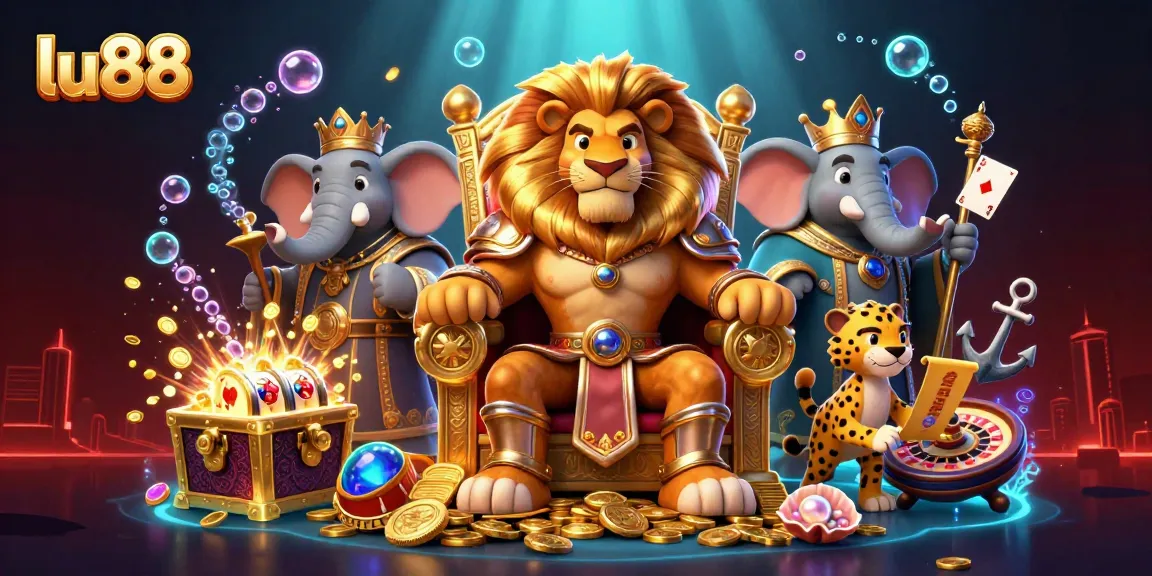 Engage with thrilling games at lu88, featuring a lion king amidst gold coins, slot reels, and vibrant casino elements.